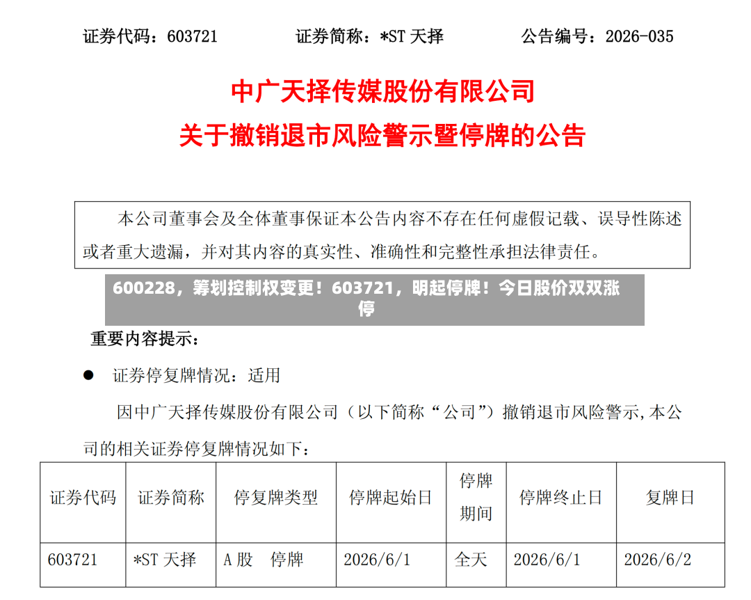 600228，筹划控制权变更！603721，明起停牌！今日股价双双涨停